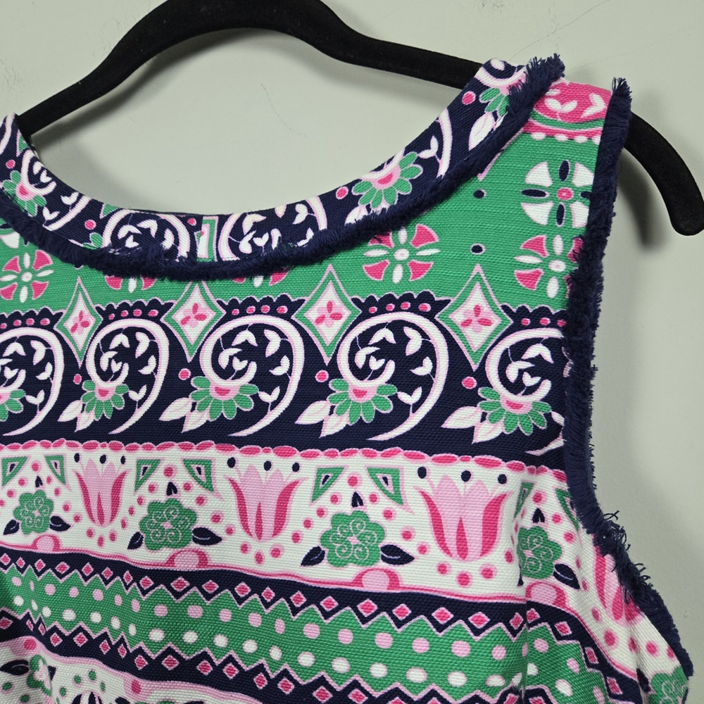 Talbots Womens Fringe Knee Length Sheath Dress Size 10 Green Pink Preppy Floral - Picture 3 of 8